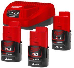 Енергокомплект Li-Ion MILWAUKEE, M12 NRG-303 (зарядний.пристрій С12 С, 3 акумумулятори М12 В3 3Аг, картонне пакуванння) 4933459207 фото
