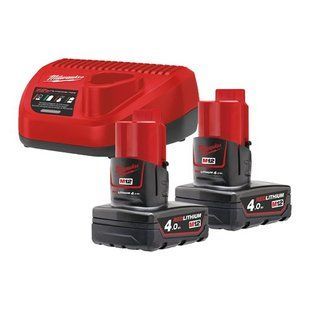Енергокомплект Li-Ion MILWAUKEE, M12 NRG-402 (зарядний.пристрій С12 С, 2 акумулятори М12 В4 4Аг, картонне пакуванння) 4933459211 фото