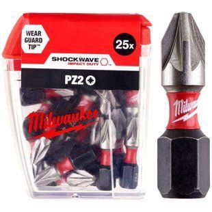 Біта SHOCKWAVE MILWAUKEE, PZ2, 25мм, (25шт), пластикова коробка 4932430864 фото