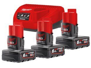 Енергокомплект Li-Ion MILWAUKEE, M12 NRG-603 (зарядний пристрій С12 С, 3 акумулятори М12 В6 6Аг, картонне пакування) 4933459208 фото