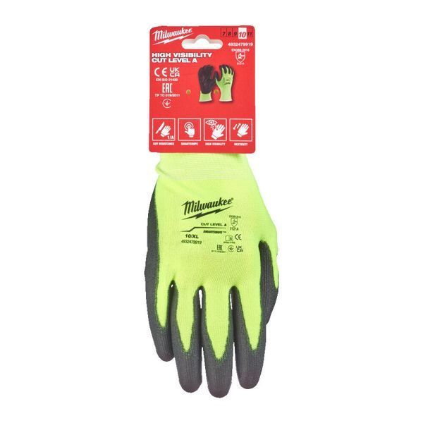 Перчатки рабочие сигнальные Hi-Vis MILWAUKEE, с сопротивлением порезам 1/A уровня, размер 10/XL 4932479919 фото