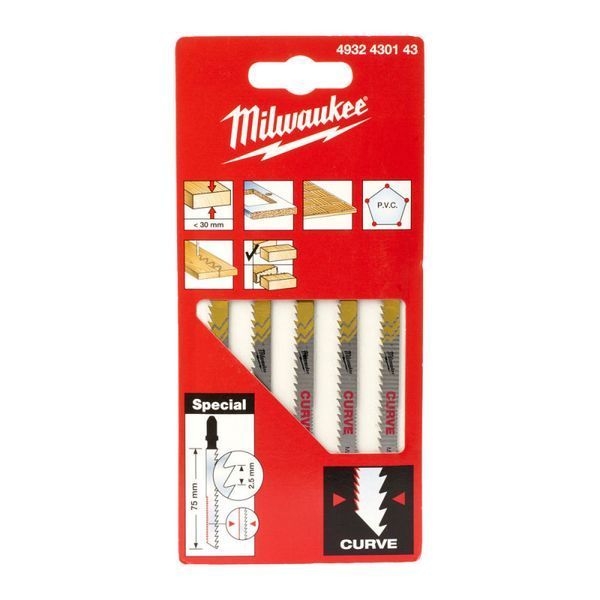 Полотна для лобзикв Curve MILWAUKEE, 75х2,5мм, (5шт), (дерево) 4932430143 фото