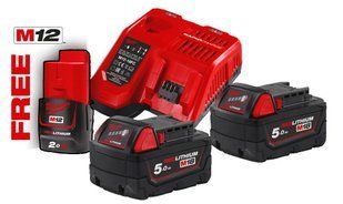 Енергокомплект Li-Ion MILWAUKEE, M18 NRG-502 (зарядний пристрій M12-18 FC, 2 акумулятори М18 В5 5Аг) + подарунок акумулятор M12 4933459217 фото