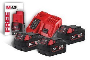 Енергокомплект Li-Ion MILWAUKEE, M18 NRG-503 (зарядний пристрій M12-18FC, 3 акумулятори M18 В5 5Аг) + подарунок акумулятор M12 B 4933451423 фото