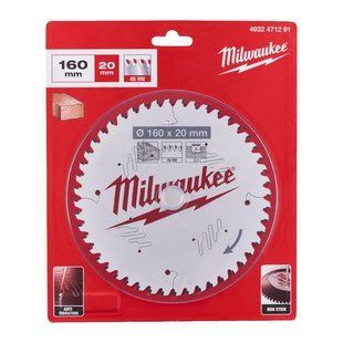 Диск пиляльний по дереву PFTE MILWAUKEE, діаметр 160х20х2,2мм, 48 зуб. 4932471291 фото