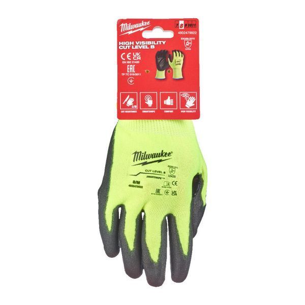 Перчатки рабочие сигнальные Hi-Vis MILWAUKEE, с сопротивлением порезам 2/B уровня, размер 8/M 4932479922 фото