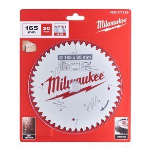 Диск пиляльний по дереву PFTE MILWAUKEE, діаметр 165х20х2,2мм, 48 зуб. 4932471295 фото