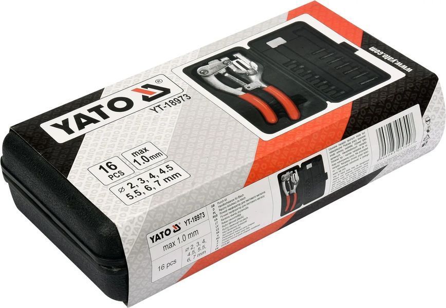 Кліщі для проколювання отворів YATO у листів. металі &le; 1 мм, 14 насадок &Oslash;= 2-7 ​​мм, 16 шт + кейс YT-18973 фото