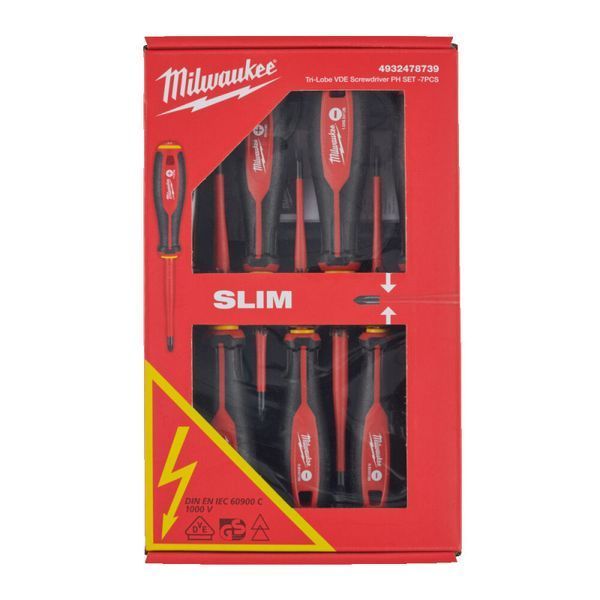Набор отверток изолированных VDE MILWAUKEE, (SL2,5/SL3/SL4/SL5.5/PH1/PH2/тестер), (7шт) 4932478739 фото