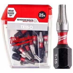 Біта SHOCKWAVE MILWAUKEE, TX15, 25мм, (25шт), пластикова коробка 4932430873 фото