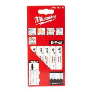 Полотна для лобзиків T123XF Bi-Metal TWIN CUT MILWAUKEE, 91х2,5/1,8мм, (5шт), (універсальні) 4932430142 фото