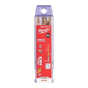 Свердло по металу RedHEX SHOCKWAVE HSS-TiN MILWAUKEE, діаметр 4,0х71,5х26мм, (10шт), пластикова коробка 4932478178 фото