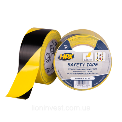 Safety Tape - 50мм х 33м, жовто-чорна - самоклеюча стрічка безпеки НРХ для розмітки HW5033 фото