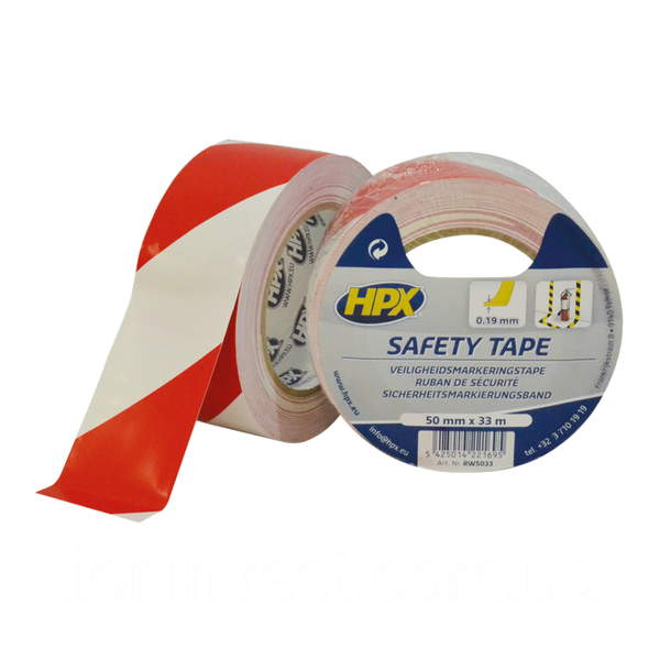 Safety Tape - 50мм х 33м, біло-червона - самоклеюча стрічка безпеки НРХ для розмітки RW5033 фото